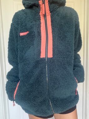 Men's Teal Sherpa Zip-Up Hoodie with Coral Trim